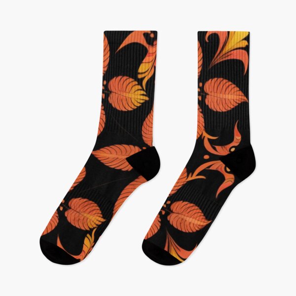 Item preview, Orange floral feathers pattern on a black background.  designed and sold by BirdsnStuff.