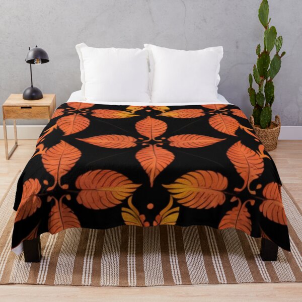 Item preview, Orange floral feathers pattern on a black background.  designed and sold by BirdsnStuff.