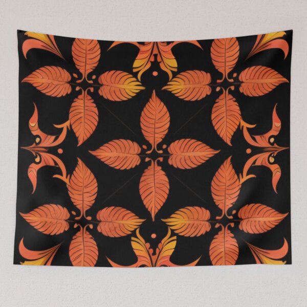 Item preview, Orange floral feathers pattern on a black background.  designed and sold by BirdsnStuff.