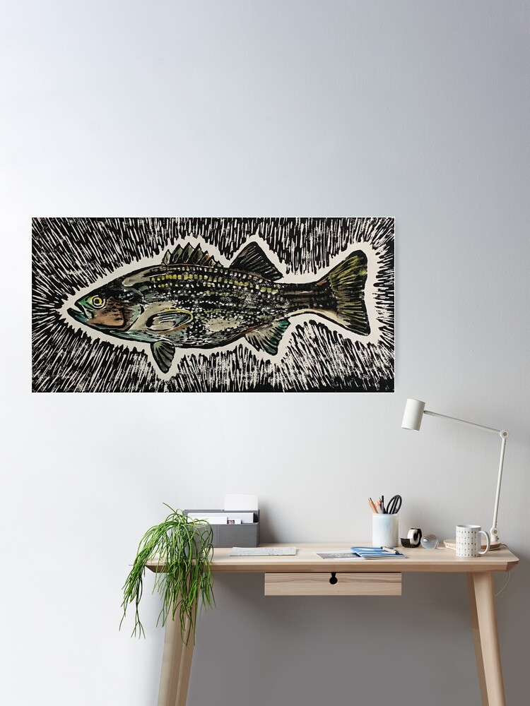 Catch of the Day Watercolor Linoleum Fish Print with Background | Poster