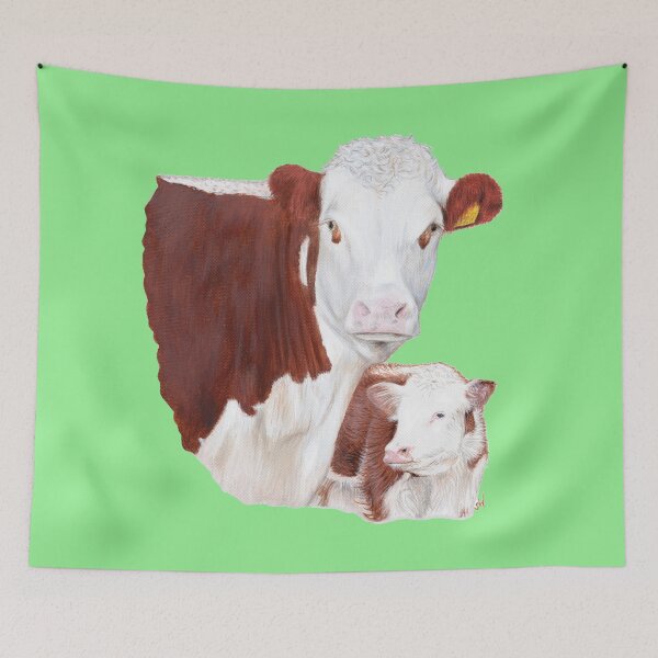 Item preview, Hereford Cow with Calf Painting (green) designed and sold by SandraWarmerdam.