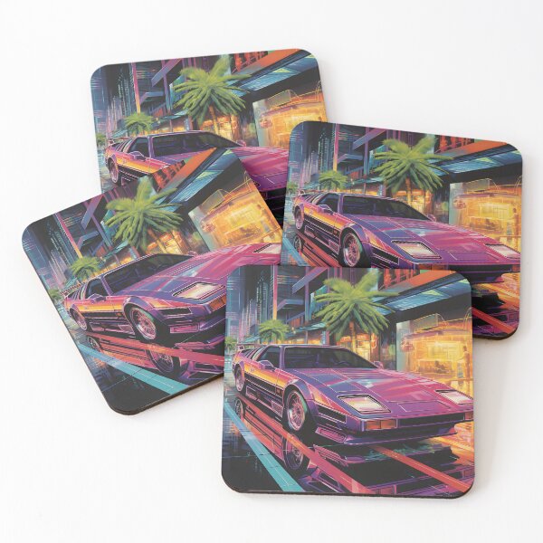 Item preview, Retro Futuristic Pink Sports Car and Night City with Plams designed and sold by Je-we.