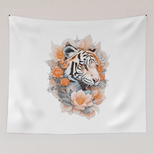 Item preview, White Tiger in the bushes with Watercolor Flowers  designed and sold by YourNameMatters.
