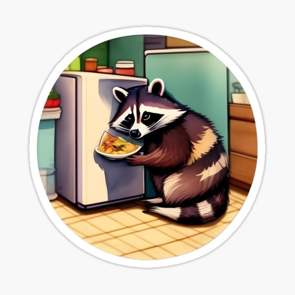 Indulge in Retro Delight with Guilty Raccoon Stealing Food Design - Playful T-Shirt and Everyday Items! Sticker
