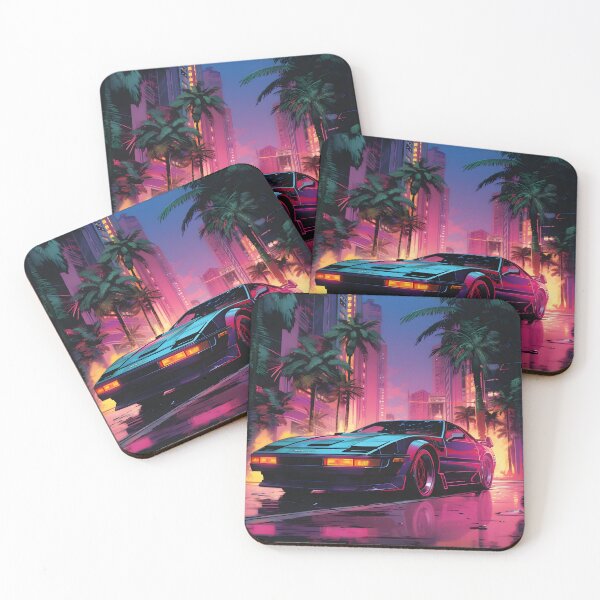 Item preview, Retro Black Sports Car and Night City with Plams and Neon Colors designed and sold by Je-we.