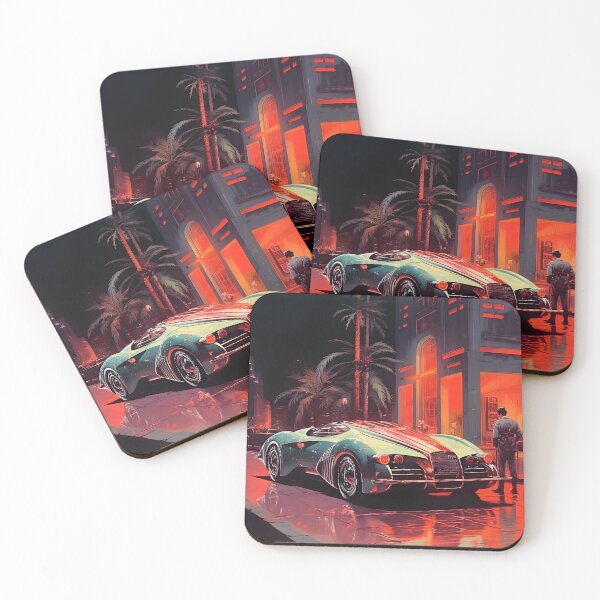 Item preview, Retro Futuristic Sports Car and Night City Street with Plams designed and sold by Je-we.