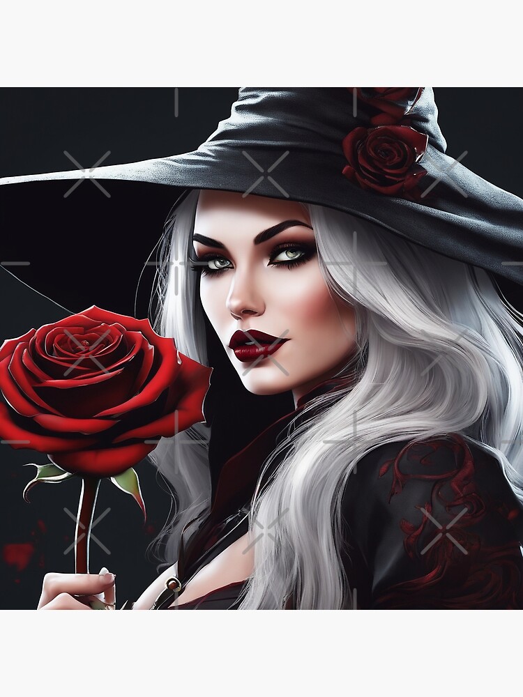 Halloween Witch with White Hair and Dark Red Rose