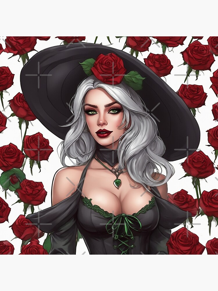 Busty Witch with White Hair and Red Roses Falling Down Around Her