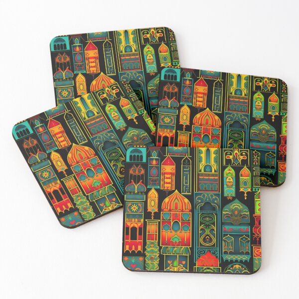 Item preview, Colorful fantasy pattern green turquoise yellow red orange black ornaments oriental houses designed and sold by G-M-Designs.