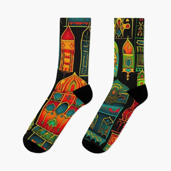 Item preview, Colorful fantasy pattern green turquoise yellow red orange black ornaments oriental houses designed and sold by G-M-Designs.