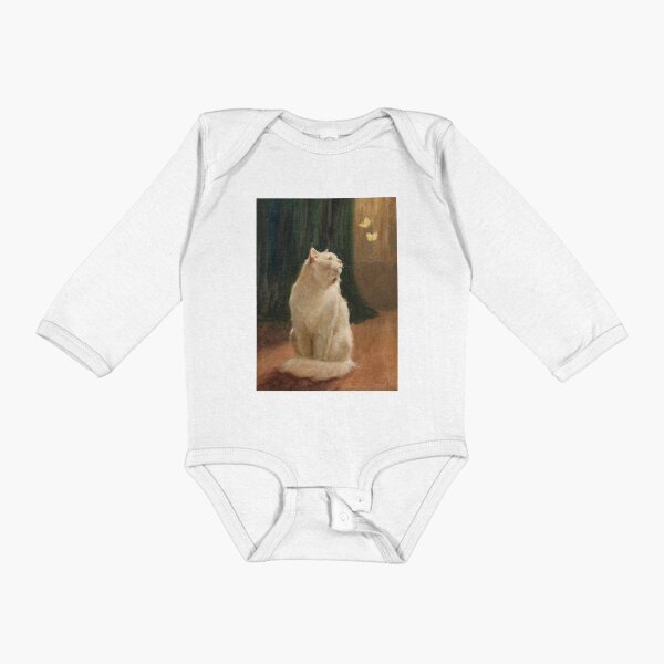 Vintage White Cat and Butterflies | P451 Long Sleeve Baby One-Piece