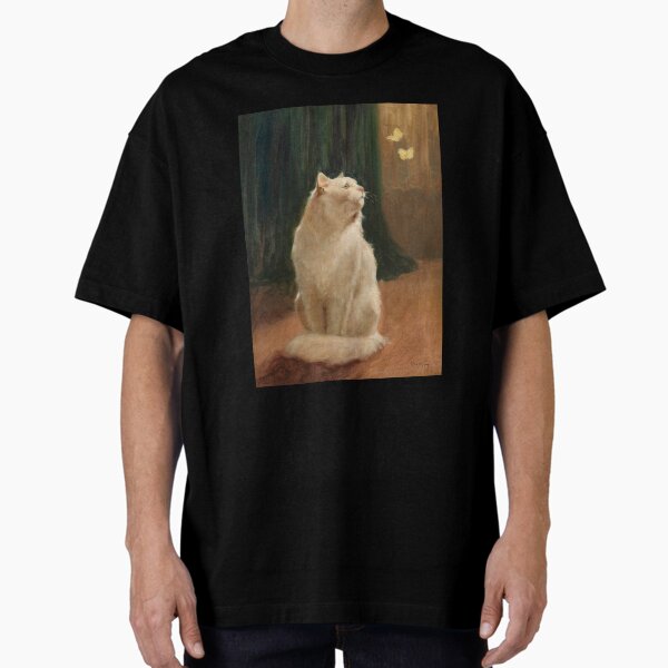 Vintage White Cat and Butterflies | P451 Oversized T-Shirt