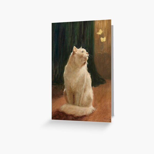 Vintage White Cat and Butterflies | P451 Greeting Card