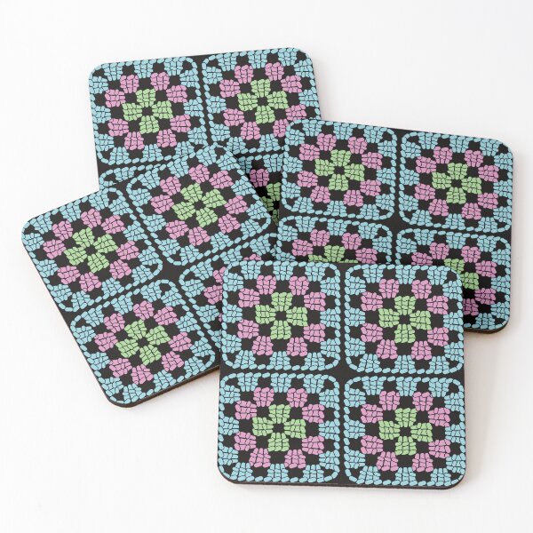 Item preview, Crochet Granny Square Retro Pattern in Pastel Colours with Black Background  designed and sold by Aureusglow.