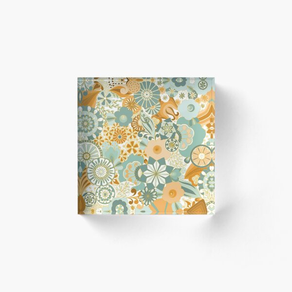 70s Style Flower Power in Green and Gold Acrylic Block