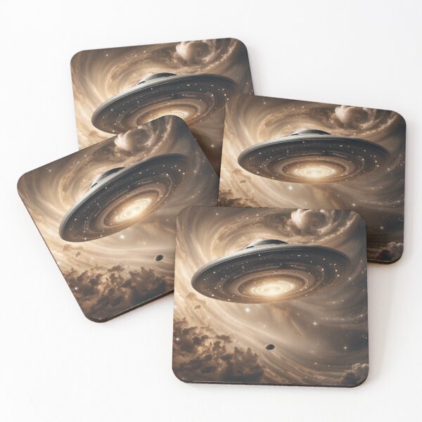 Item preview, Flying Saucer in Galaxy Nebulae Galactic Astral Swirling Grey & Black Dark Colors with Long Distance Perspective Sepia designed and sold by WearWolfDesigns.