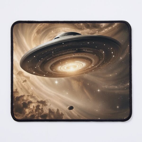 Item preview, Flying Saucer in Galaxy Nebulae Galactic Astral Swirling Grey & Black Dark Colors with Long Distance Perspective Sepia designed and sold by WearWolfDesigns.