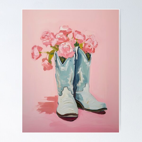Item preview, pink and baby blue floral cowgirl boots painting  designed and sold by lady Hana.