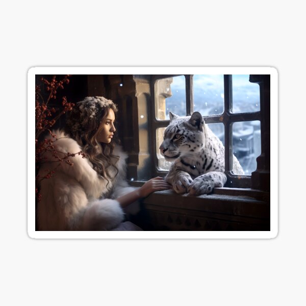 Item preview, Everlasting Friendship Fantasy Art Print Snow Leopard and Princess designed and sold by Alcyonian.