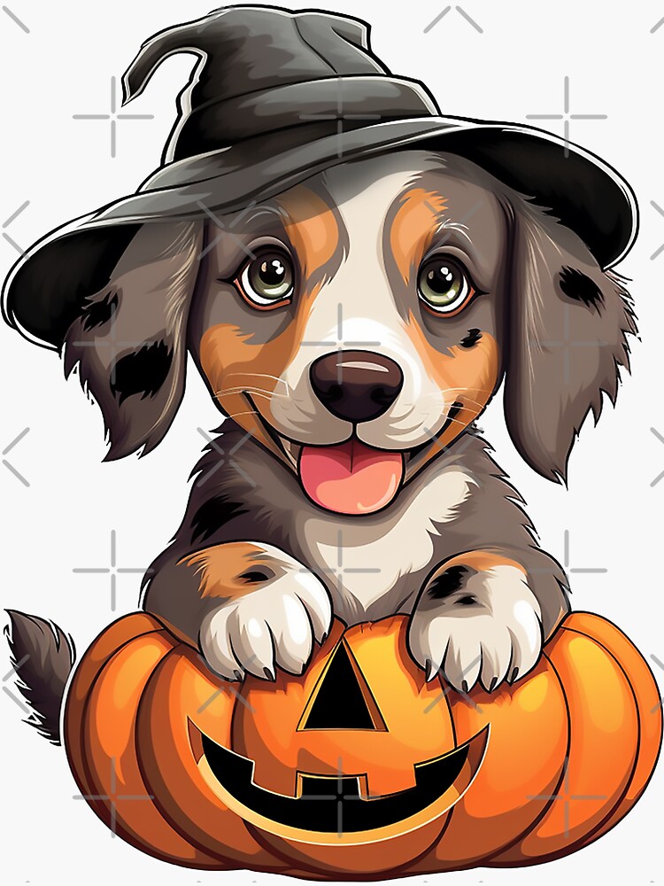 Cute halloween dog with pumpkins and witch hat | Sticker