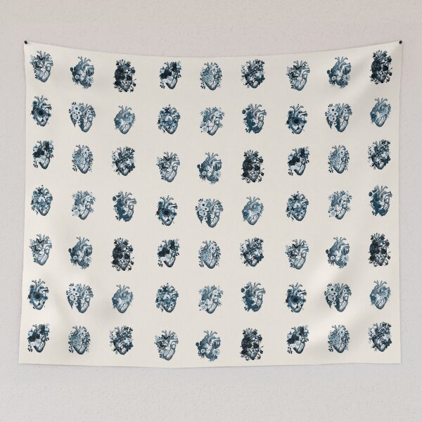 Item preview, Blue Set Human heart illustration art, floral human heart, blue vintage effect designed and sold by Collagedream.