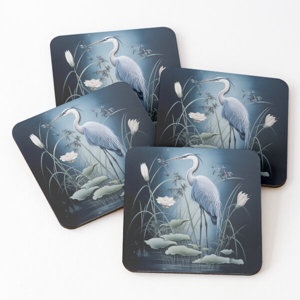Item preview, heron and lotus on blue background designed and sold by ladivinefactory.
