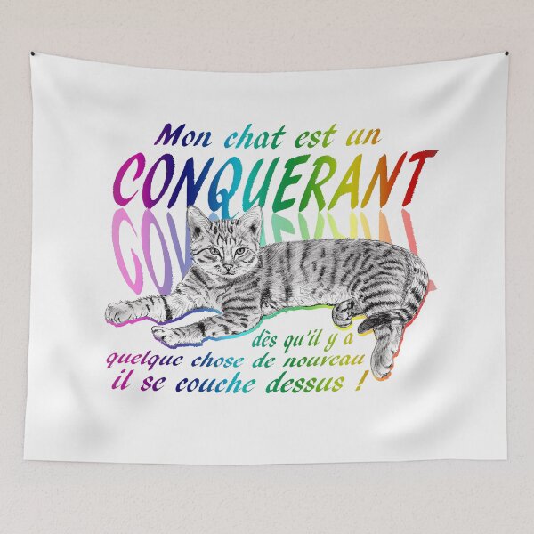 Item preview, Conquering cat - graphite version, text in French colorized rainbow 2 designed and sold by SylvieG18.