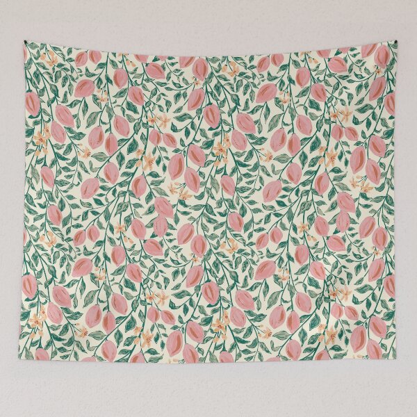 Aperçu de l'œuvre Aquarelle Citrus Lemon Vines en crème, vert et rose créée et vendue par Jean-Pham.