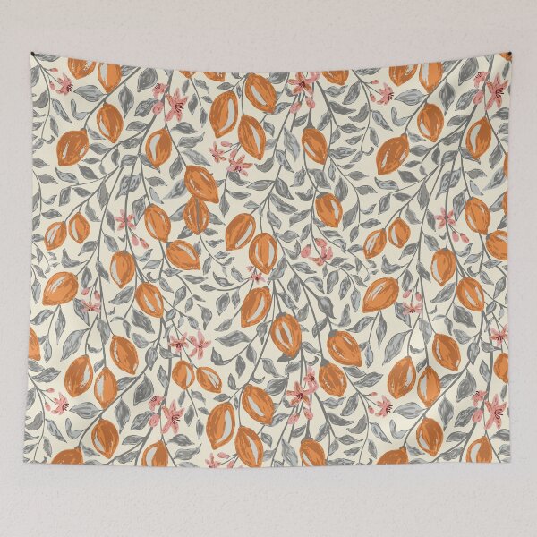 Aperçu de l'œuvre Aquarelle Citrus Lemon Vines en crème, gris, orange abricot créée et vendue par Jean-Pham.
