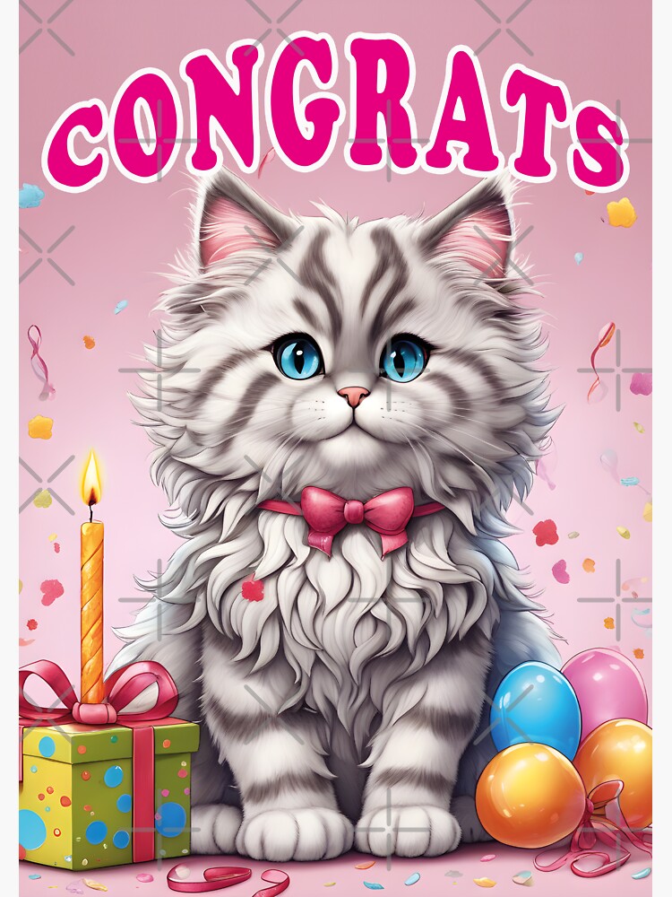 Sticker mit lustige Katze, Geburtstag, alles Gute, kawaii, Party
