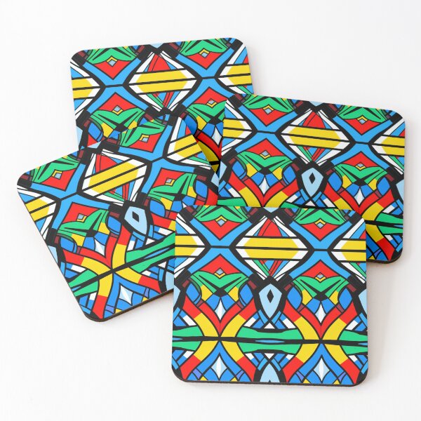 Item preview, Colorful fantasy pattern white blue yellow green red turquoise black ornaments designed and sold by G-M-Designs.