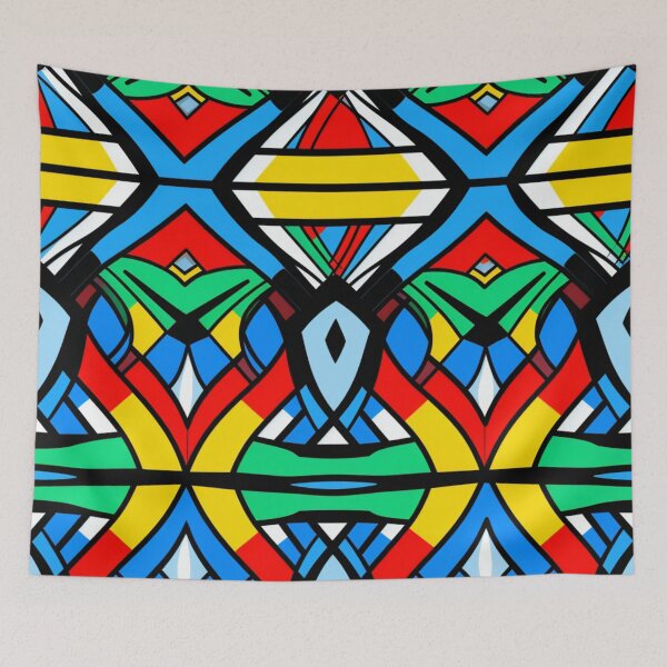 Item preview, Colorful fantasy pattern white blue yellow green red turquoise black ornaments designed and sold by G-M-Designs.