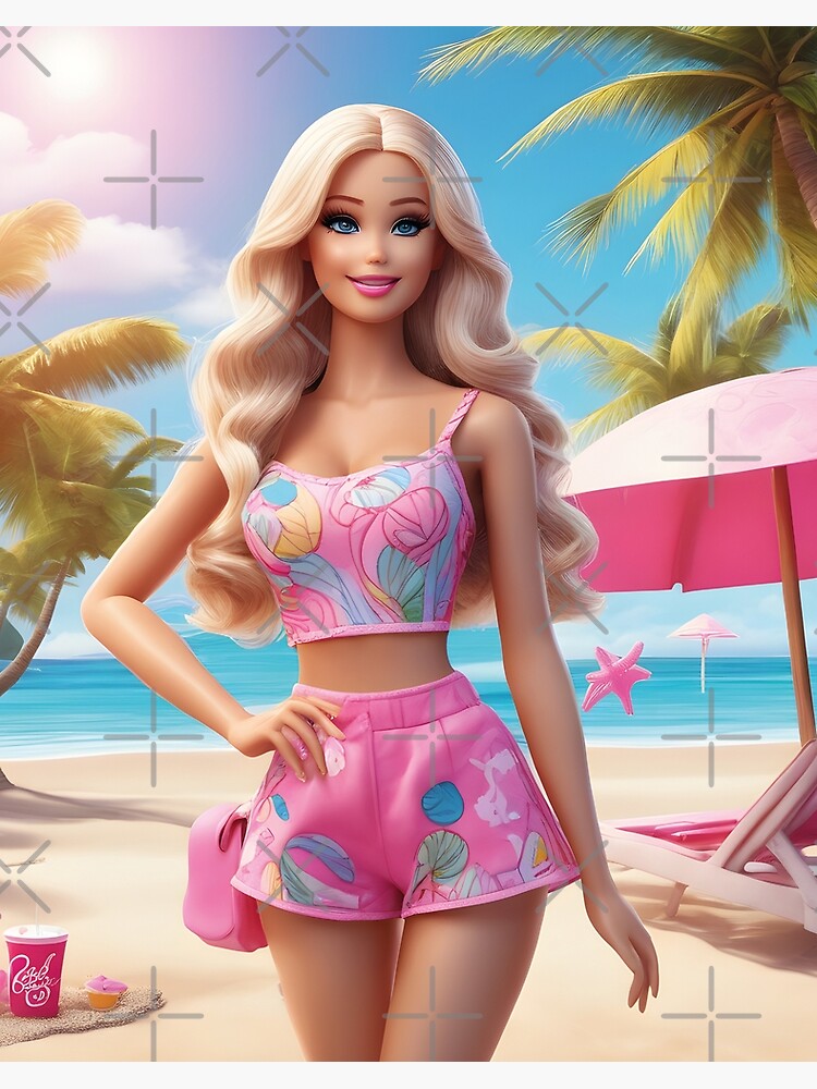 Impression rigide avec l'œuvre « Barbie, plage, rose, sexy » de l