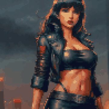 Artwork thumbnail, Post Apocalyptic Retro Pixel Leather Outfit Brunette with Bangs Girl by 8bitglam