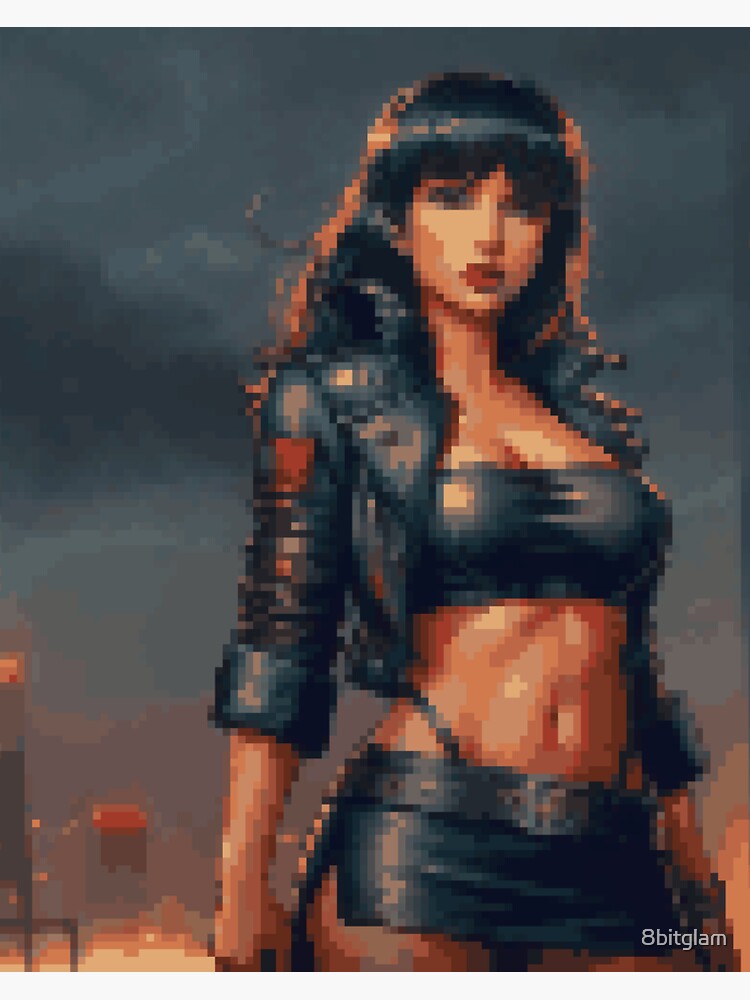 Thumbnail 3 of 3, Sticker, Post Apocalyptic Retro Pixel Leather Outfit Brunette with Bangs Girl designed and sold by 8bitglam.