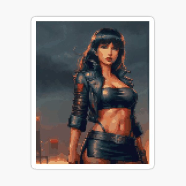 Post Apocalyptic Retro Pixel Leather Outfit Brunette with Bangs Girl Sticker