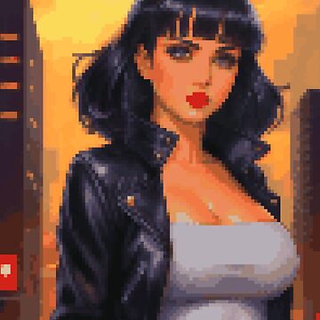 Artwork thumbnail, Post Apocalyptic Retro Pixel Leather White Tank Outfit Brunette with Bangs Girl by 8bitglam