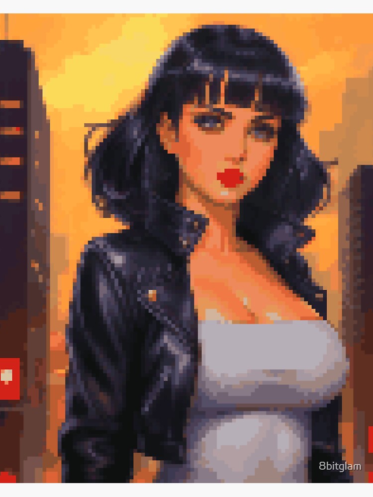 Thumbnail 3 of 3, Sticker, Post Apocalyptic Retro Pixel Leather White Tank Outfit Brunette with Bangs Girl designed and sold by 8bitglam.