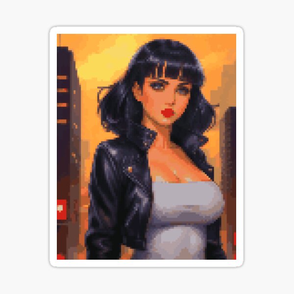 Post Apocalyptic Retro Pixel Leather White Tank Outfit Brunette with Bangs Girl Sticker