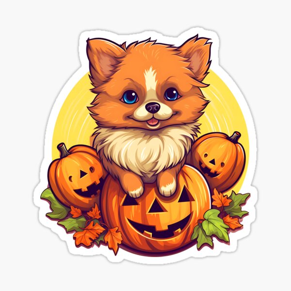 Trick or Treat Unusual Halloween Puppy Cute Dog Poses with Pumpkin Sticker  for Sale by HealthyHappyYou