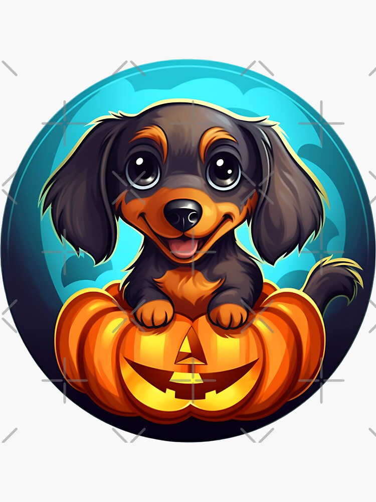 Trick or Treat Unusual Halloween Puppy Cute Dog Poses with Pumpkin Sticker  for Sale by HealthyHappyYou
