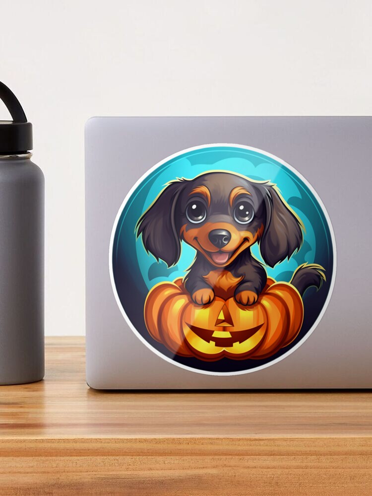 Trick or Treat Unusual Halloween Puppy Cute Dog Poses with Pumpkin Sticker  for Sale by HealthyHappyYou