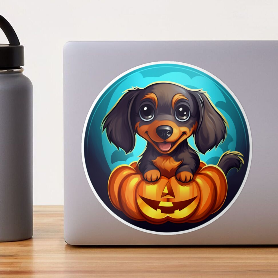 Trick or Treat Unusual Halloween Puppy Cute Dog Poses with Pumpkin Sticker  for Sale by HealthyHappyYou