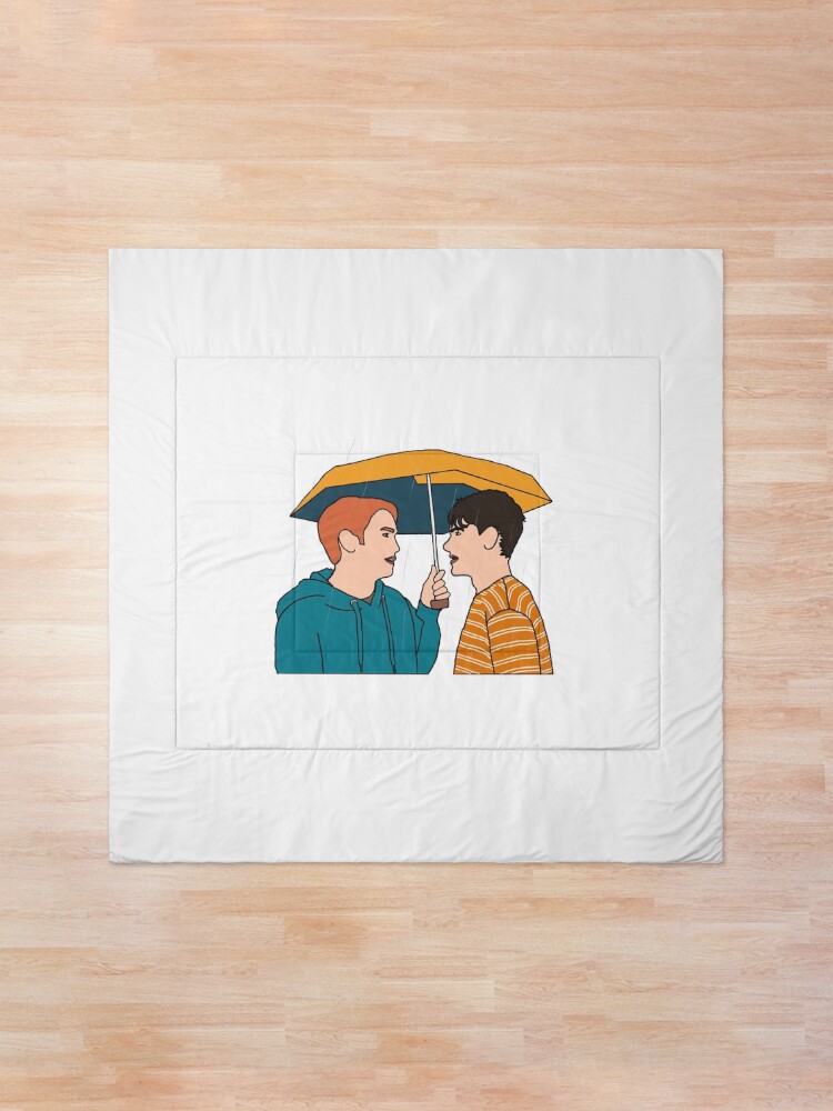 Thumbnail 1 of 6, Comforter, Heartstopper Nick & Charlie talking under the rain under before kissing designed and sold by xiape.