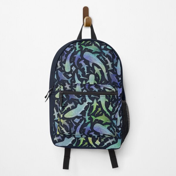 Item preview, Blue and green watercolor shark ocean on dark navy blue designed and sold by adenaJ.