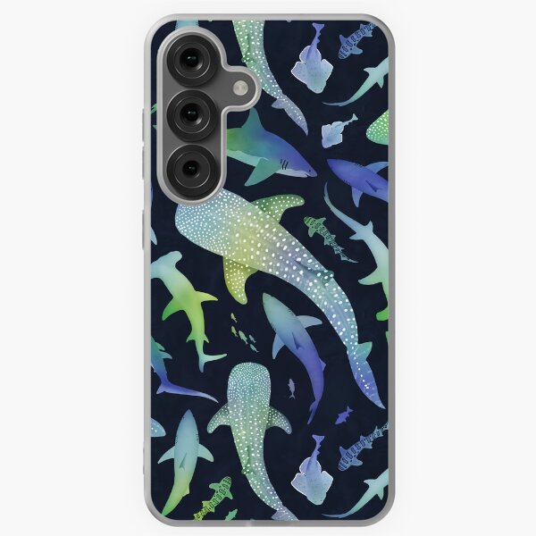 Item preview, Blue and green watercolor shark ocean on dark navy blue designed and sold by adenaJ.
