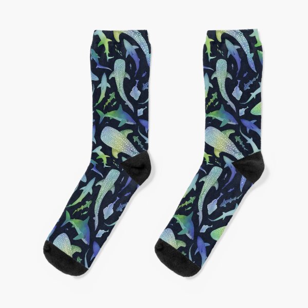 Item preview, Blue and green watercolor shark ocean on dark navy blue designed and sold by adenaJ.