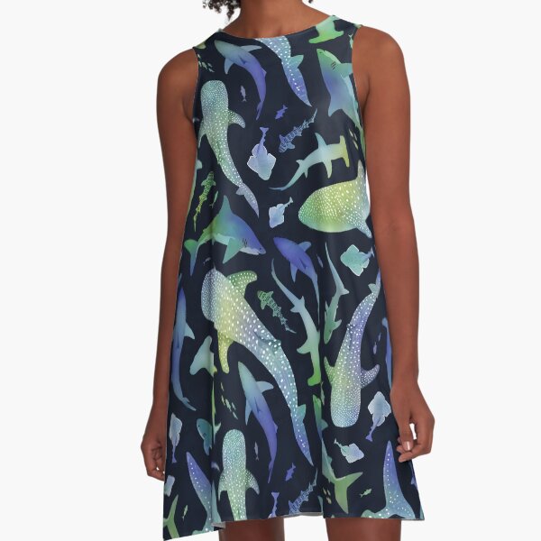Item preview, Blue and green watercolor shark ocean on dark navy blue designed and sold by adenaJ.