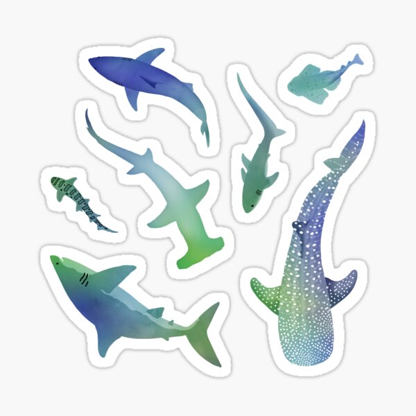 Item preview, Blue and green watercolor shark ocean on dark navy blue designed and sold by adenaJ.