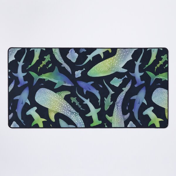 Item preview, Blue and green watercolor shark ocean on dark navy blue designed and sold by adenaJ.